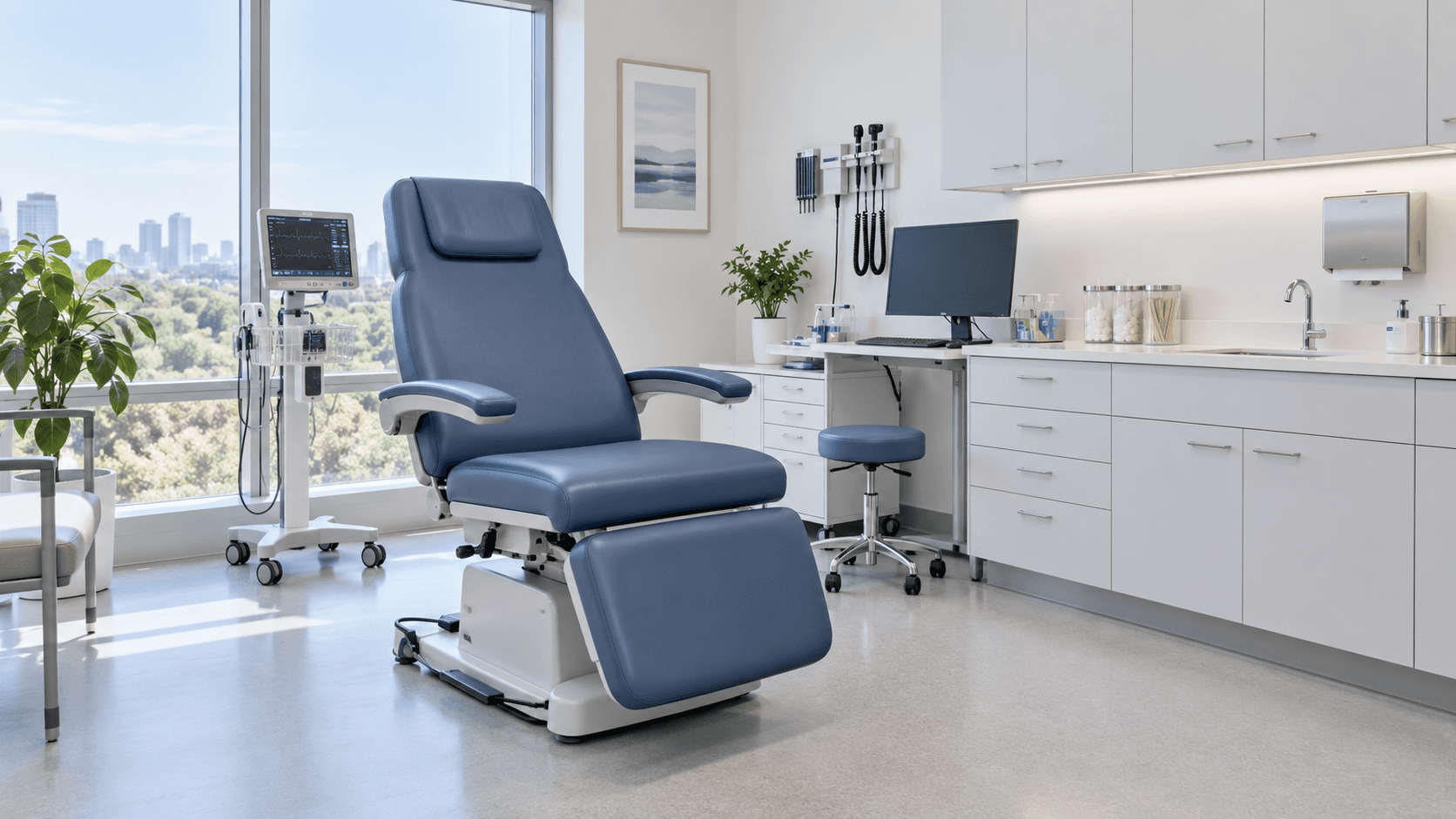 Bright clinic with blue examination seating and medical equipment