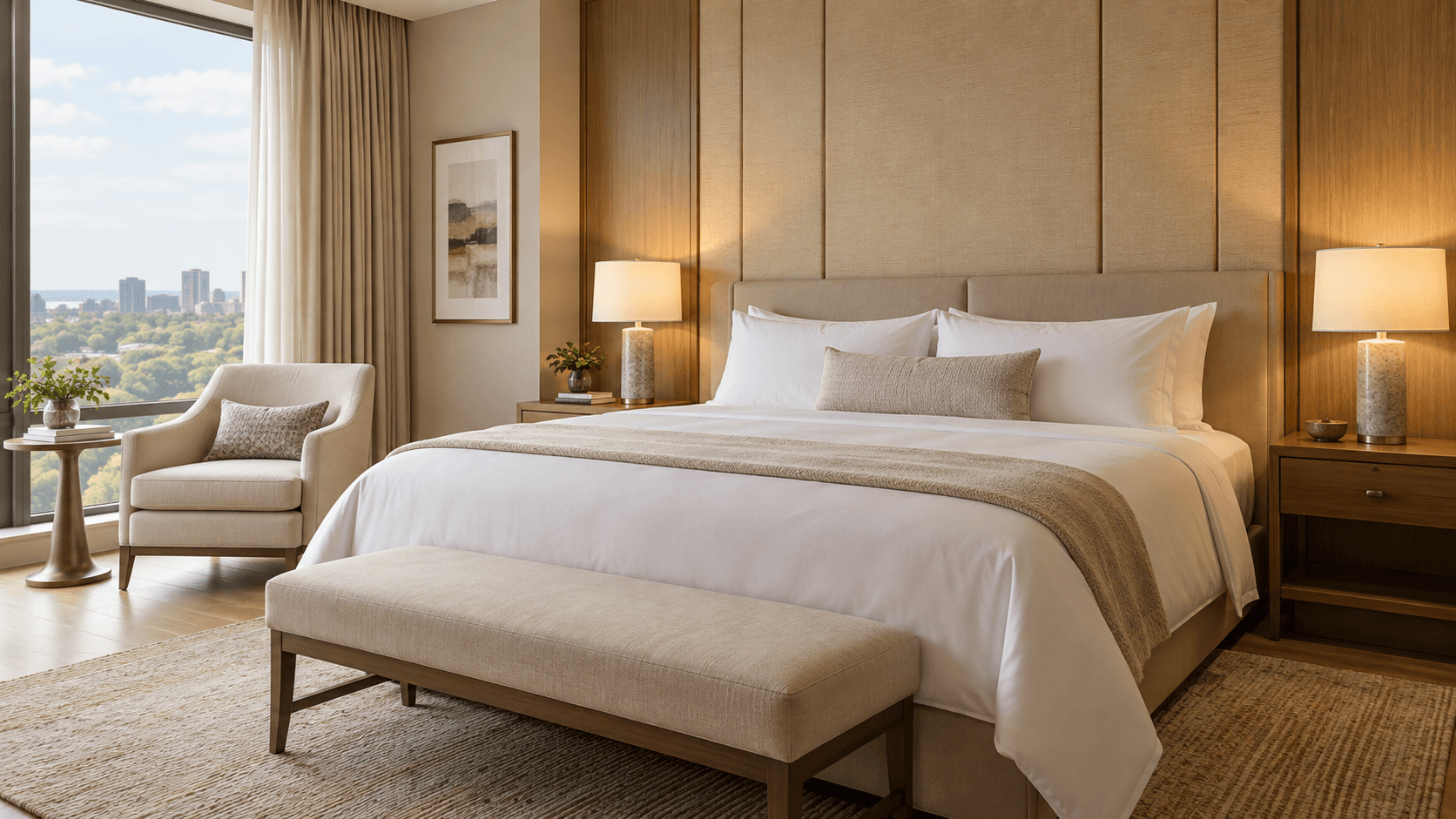 Contemporary hotel room with a white bed and warm neutral furnishings