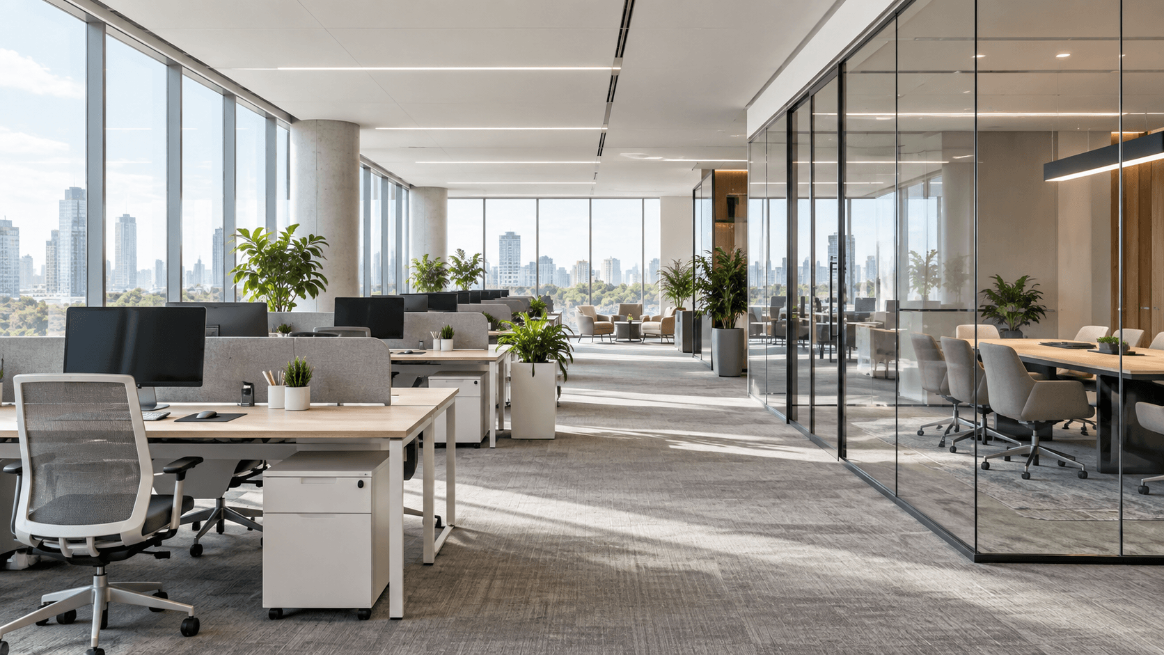 Modern corporate office with workstations and floor-to-ceiling windows