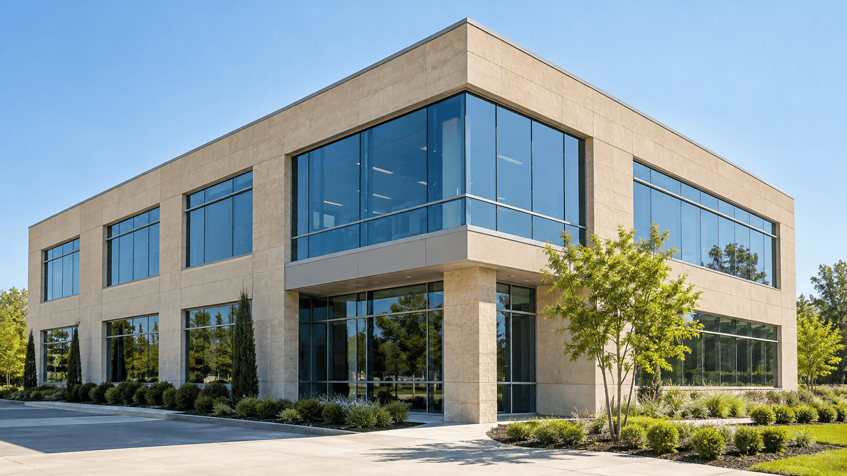 Commercial property with a tan stone facade and large blue windows