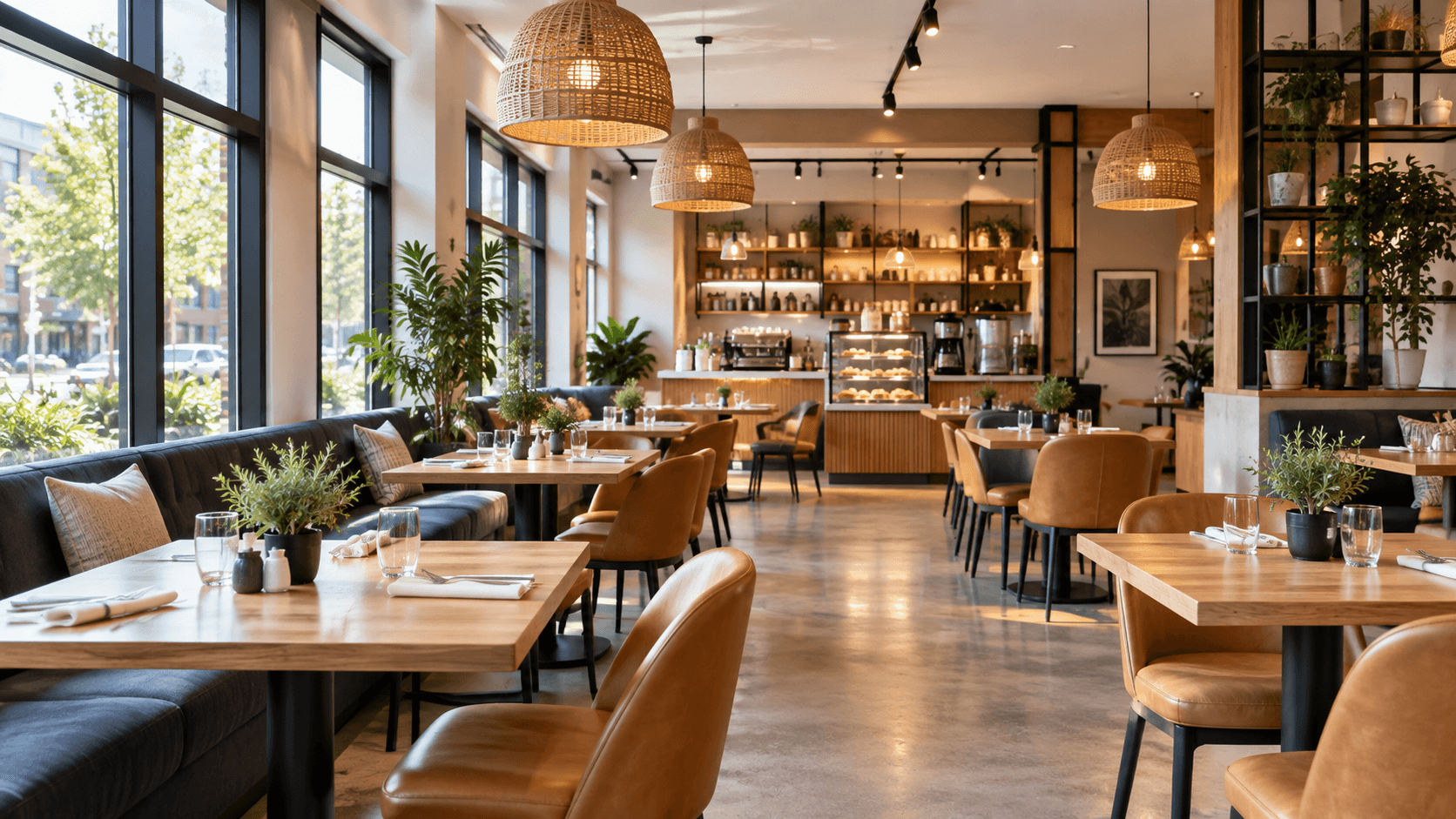 Bright restaurant with warm wooden tables and tan seating