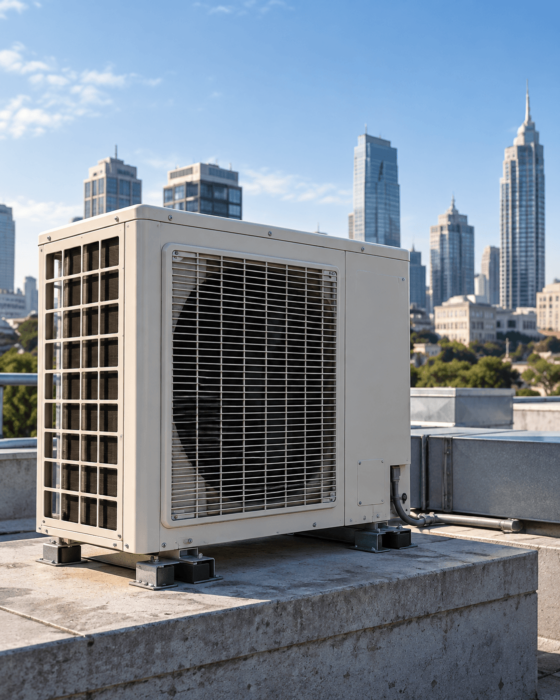Commercial rooftop HVAC equipment overlooking the city