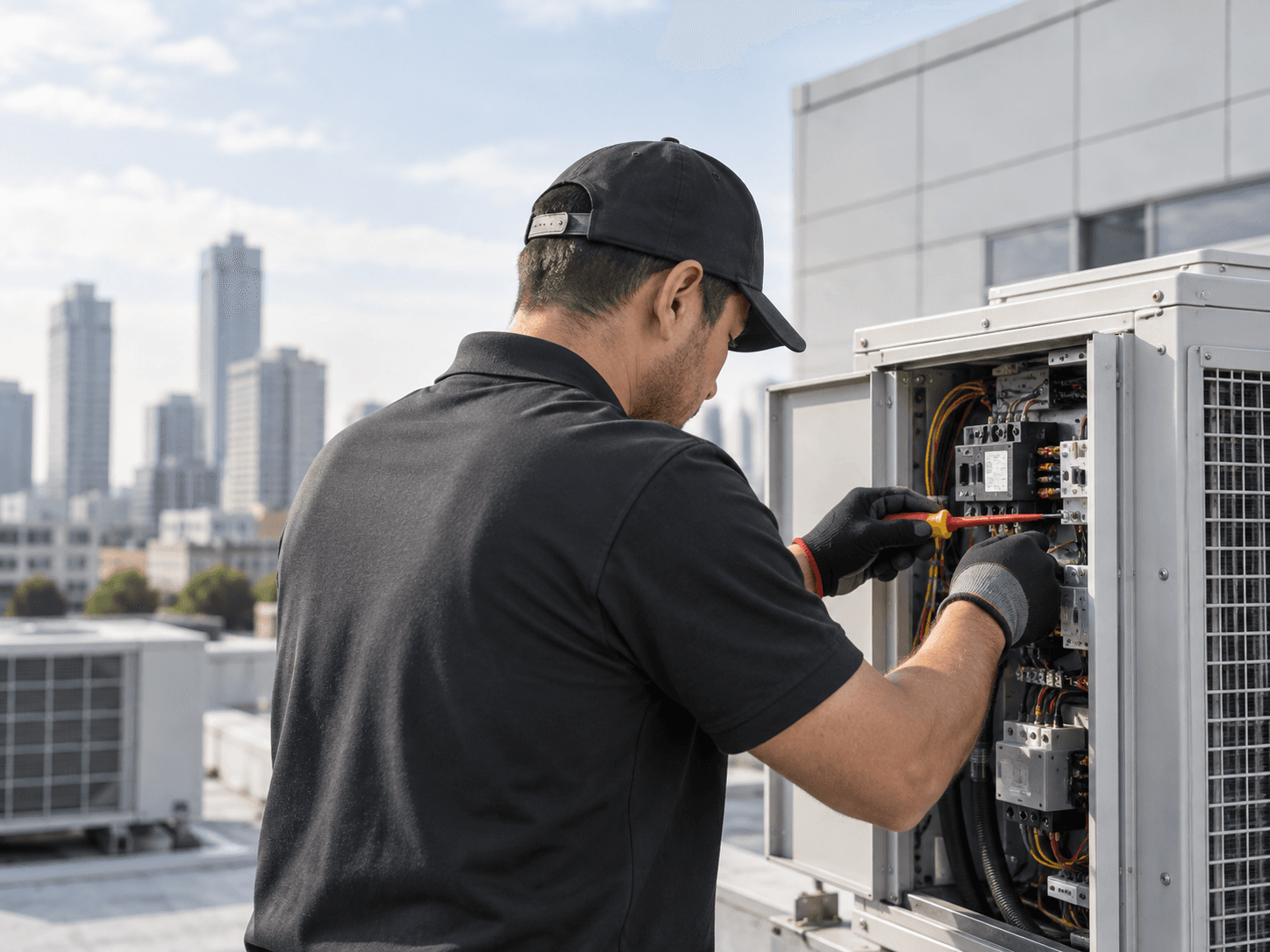 Field technician servicing commercial equipment