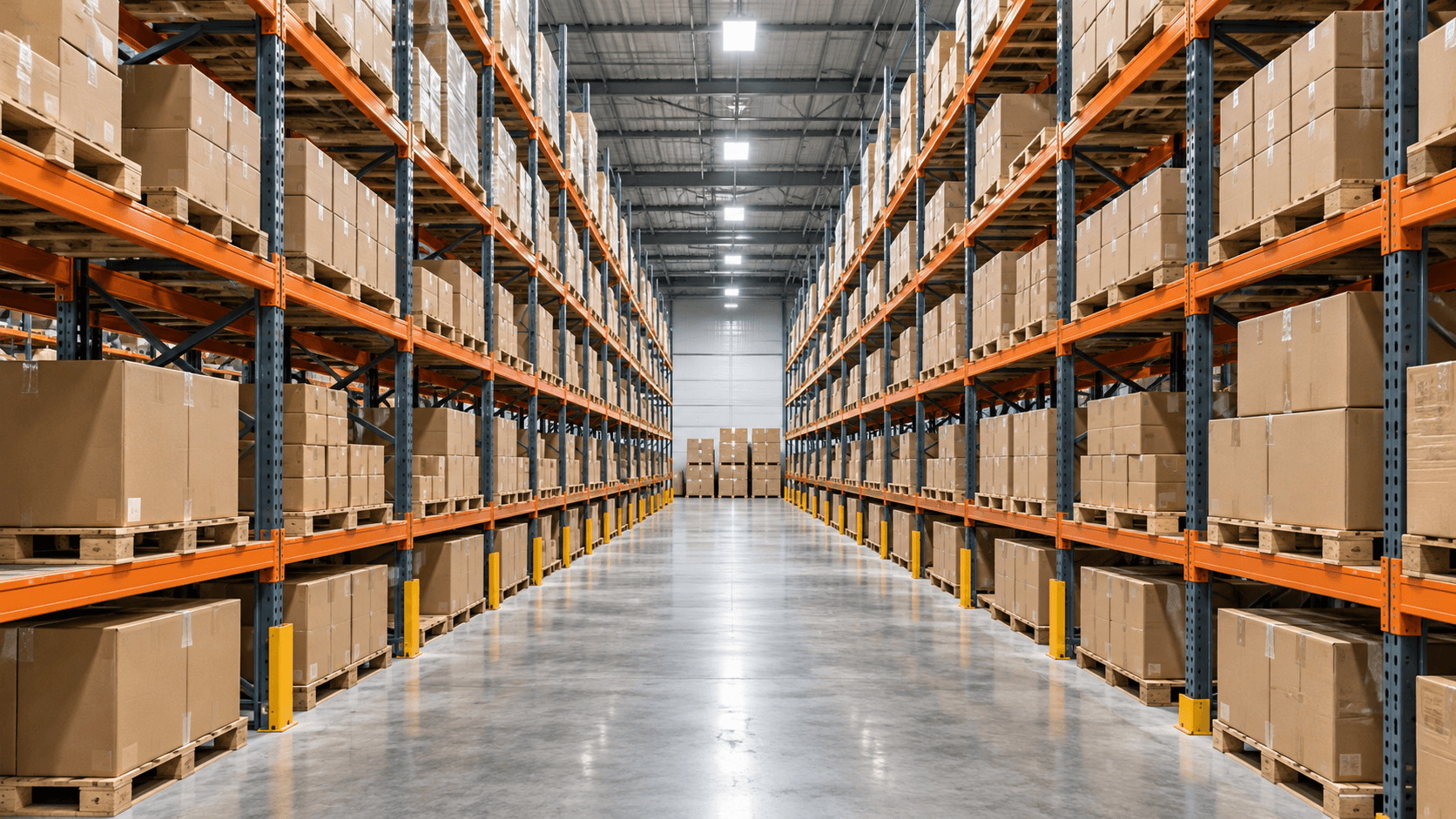 Warehouse aisle with tall orange racks and neatly stored boxes