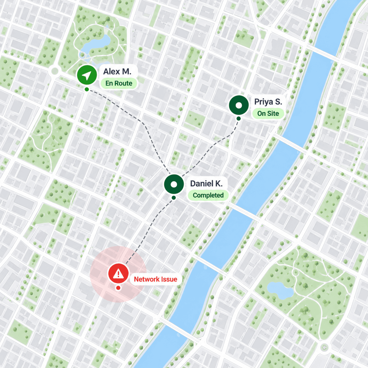 Map showing technician locations, job statuses, and a network issue