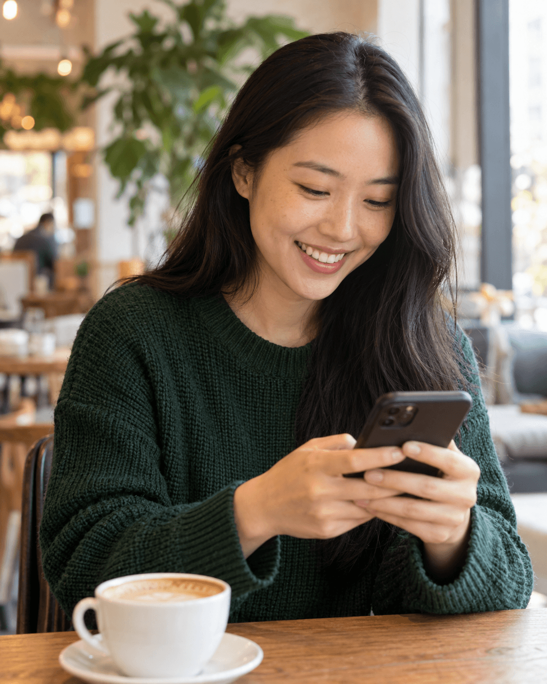 Customer in a green sweater smiling while using her phone