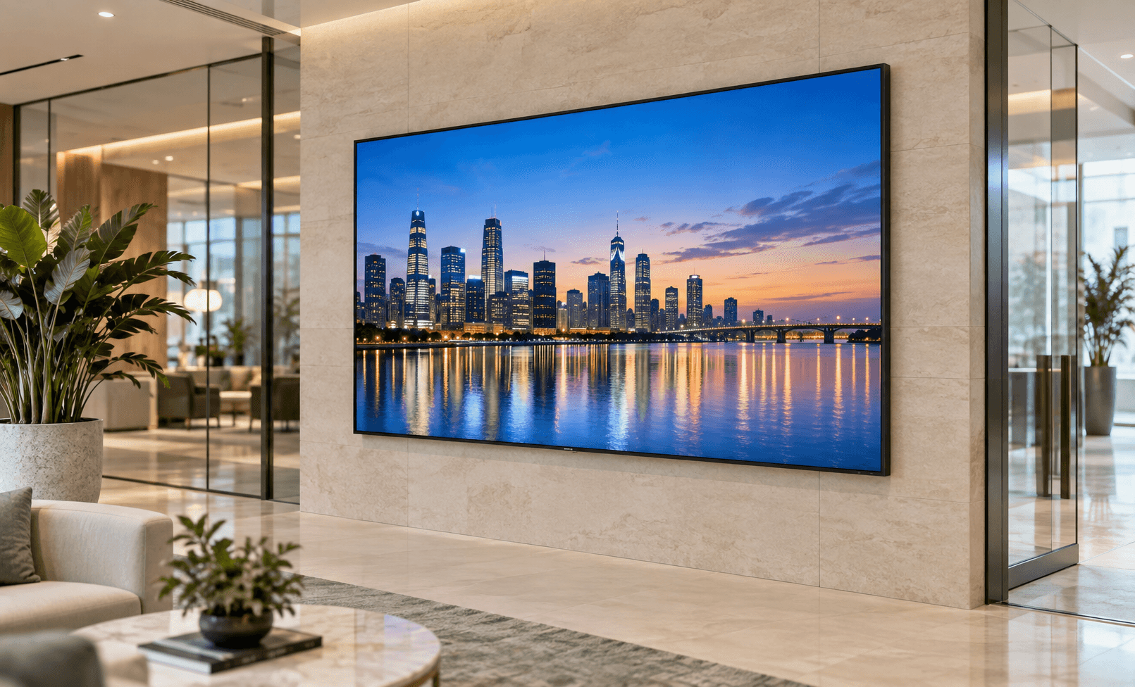 Wall-mounted digital display in an office lobby