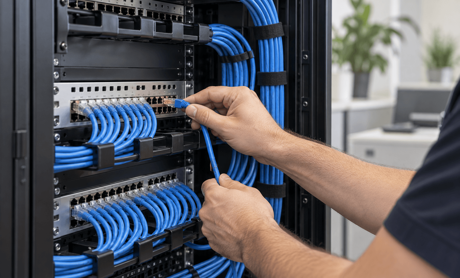 Technician connecting blue network cables