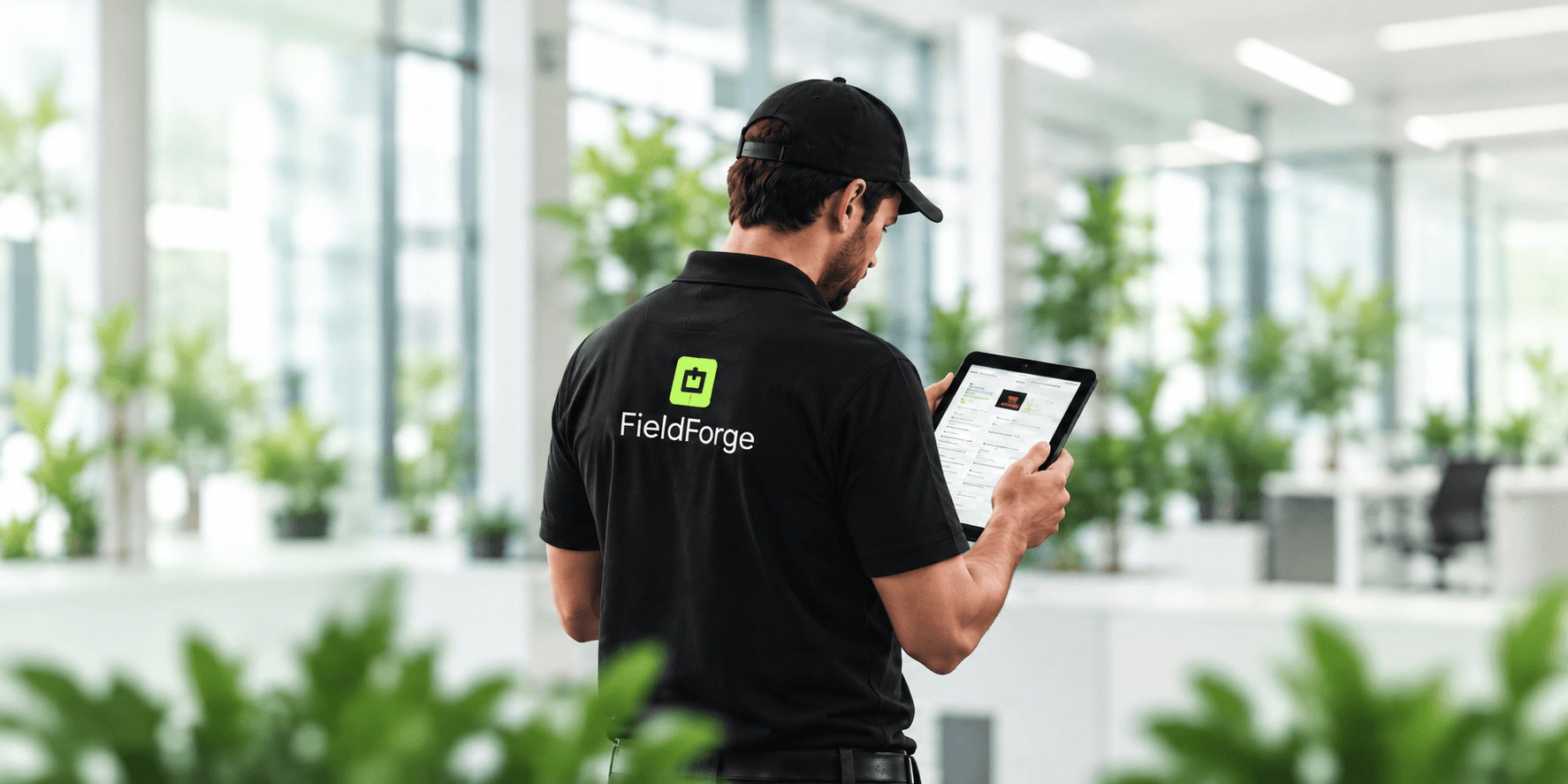 FieldForge technician using a tablet at a customer site
