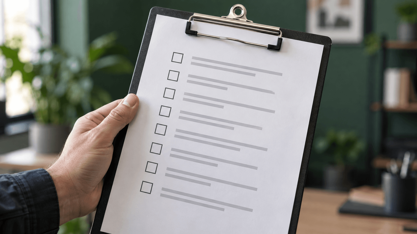 Hand holding a technician onboarding checklist on a clipboard