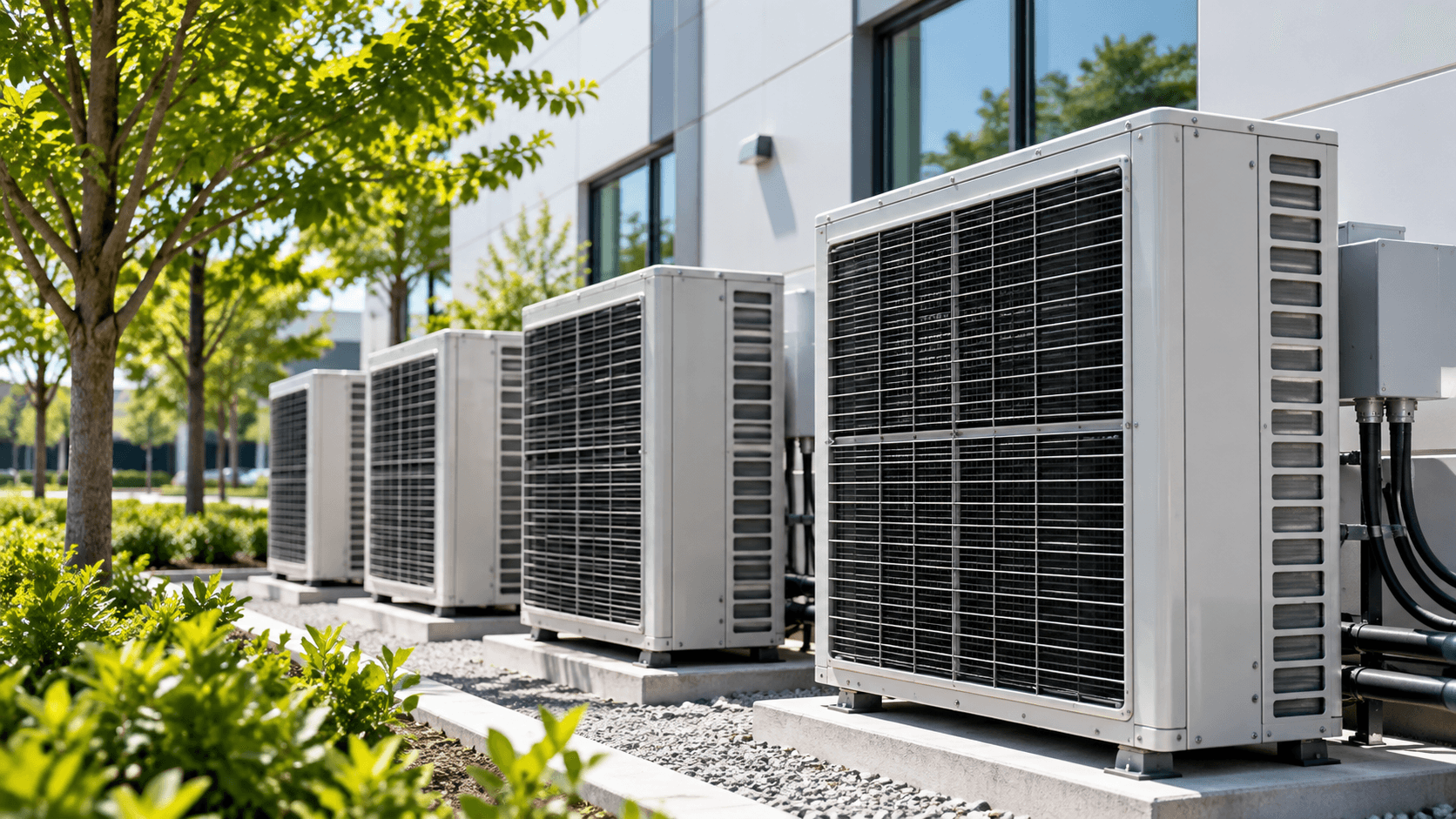 Commercial heating and cooling units beside a building
