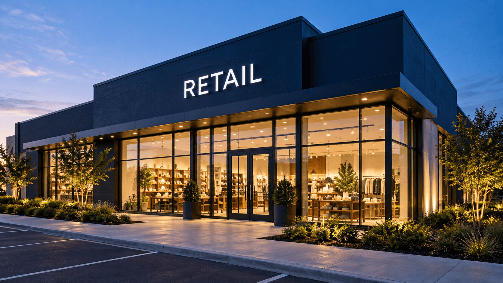 Illuminated modern retail storefront at dusk
