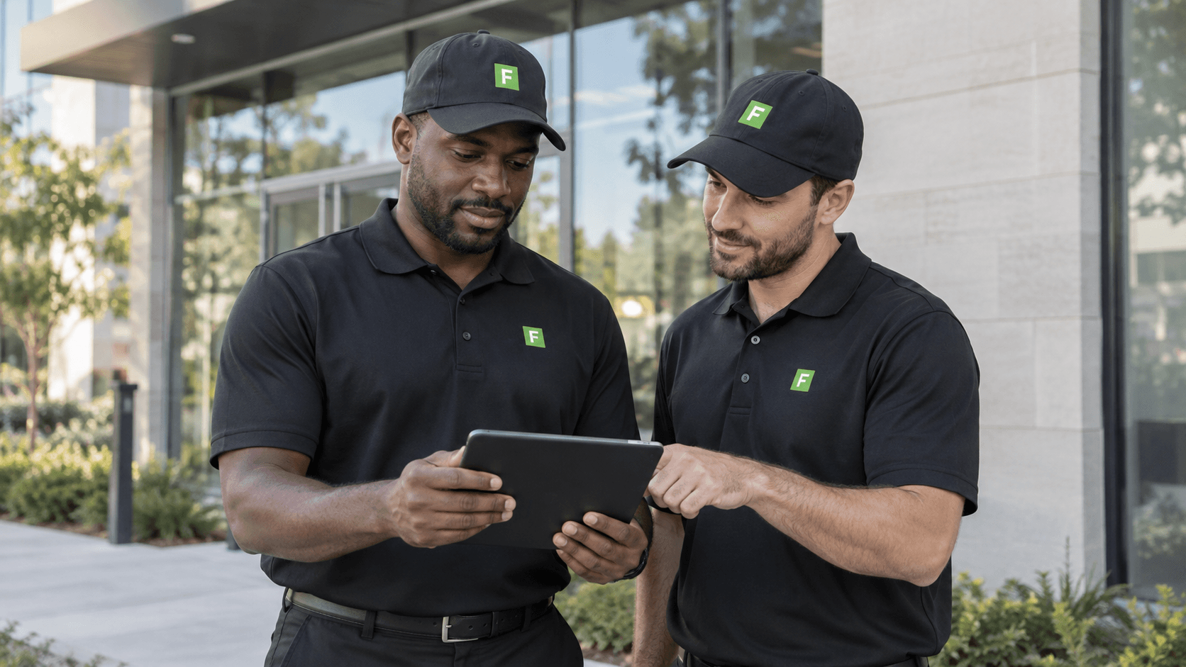 Two field technicians reviewing a tablet together