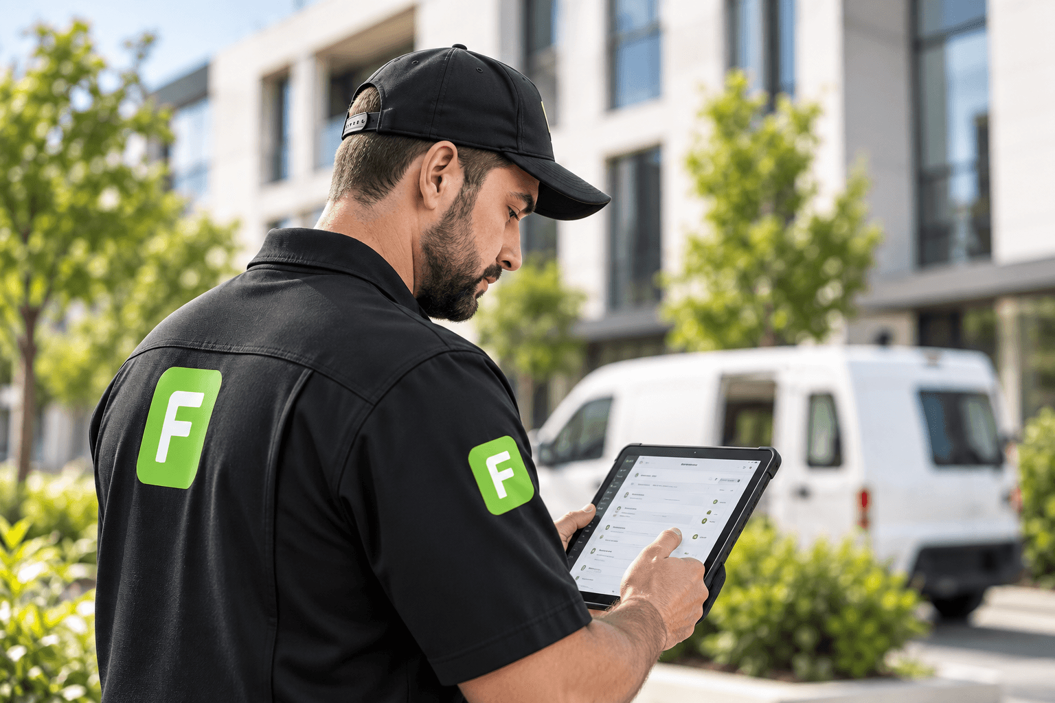 Field technician reviewing work on a tablet outside a commercial building