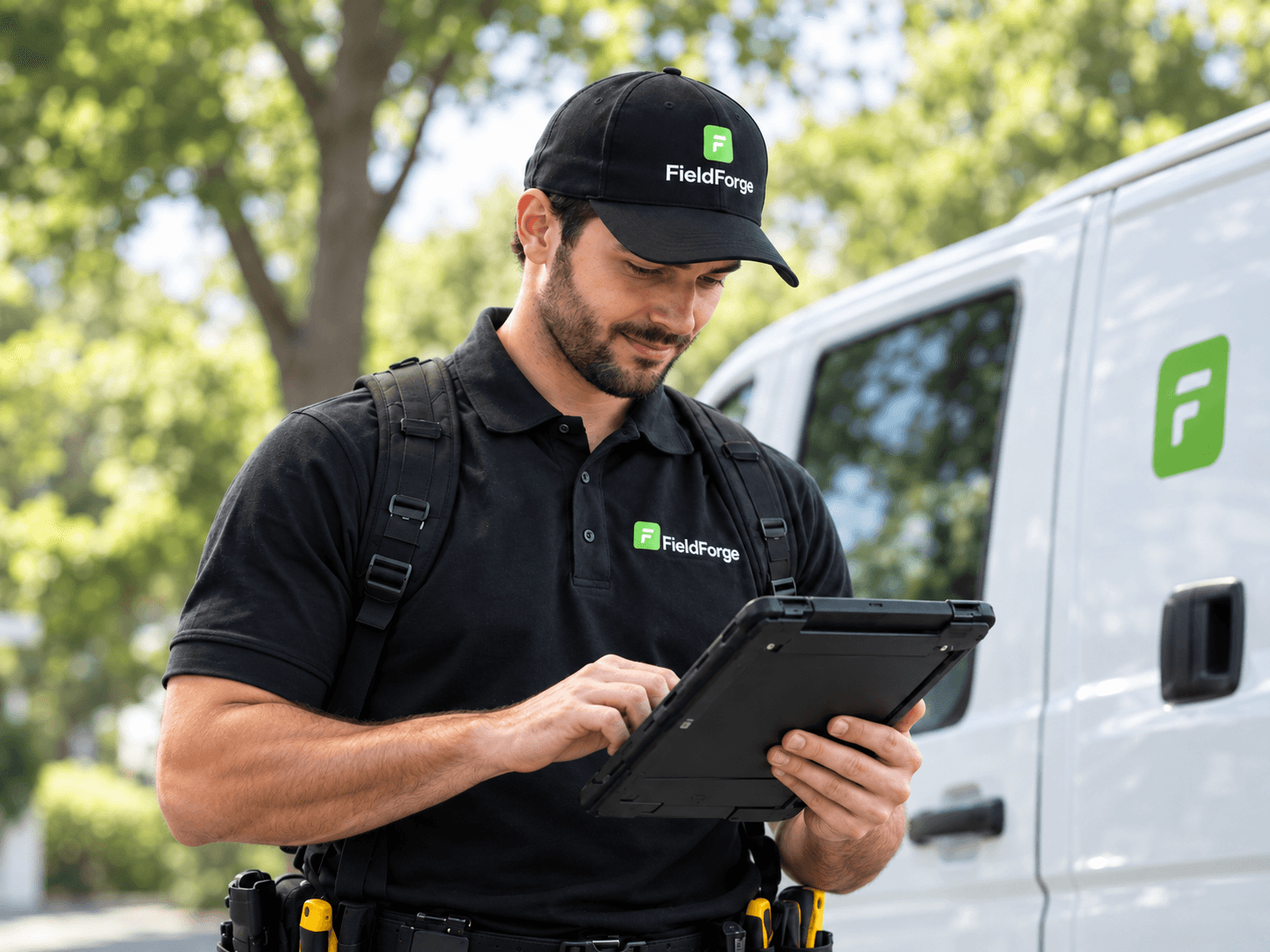 Technician smiling while reviewing completed work on a tablet